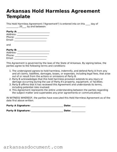 Printable  Hold Harmless Agreement Template for Arkansas