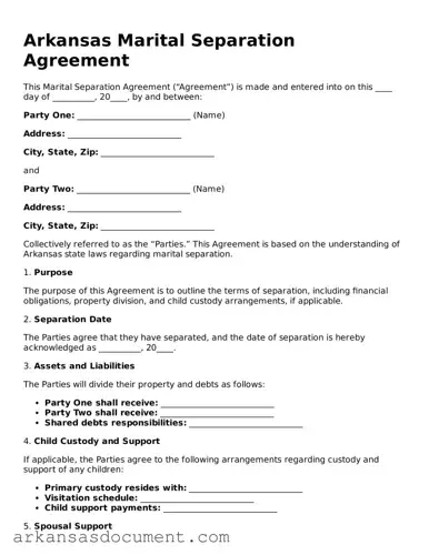 Printable  Marital Separation Agreement Template for Arkansas