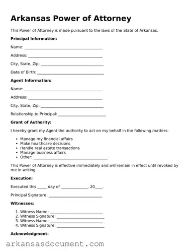 Printable  Power of Attorney Template for Arkansas