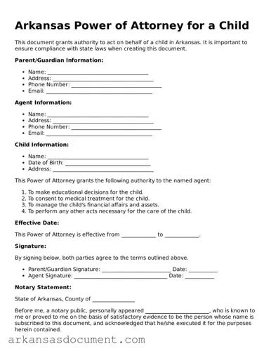 Printable  Power of Attorney for a Child Template for Arkansas
