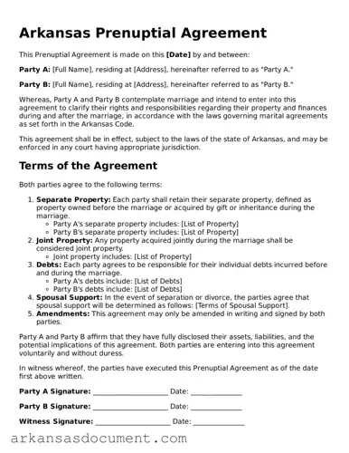 Printable  Prenuptial Agreement Template for Arkansas