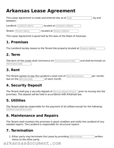 Printable  Lease Agreement Template for Arkansas