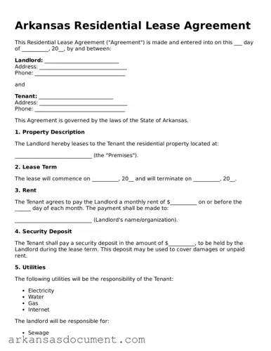 Printable  Residential Lease Agreement Template for Arkansas